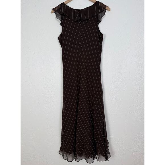 Lauren Ralph Lauren Vintage Y2K Silk Brown Pinstripe Ruffle Midi Dress Size 16 - Picture 3 of 4